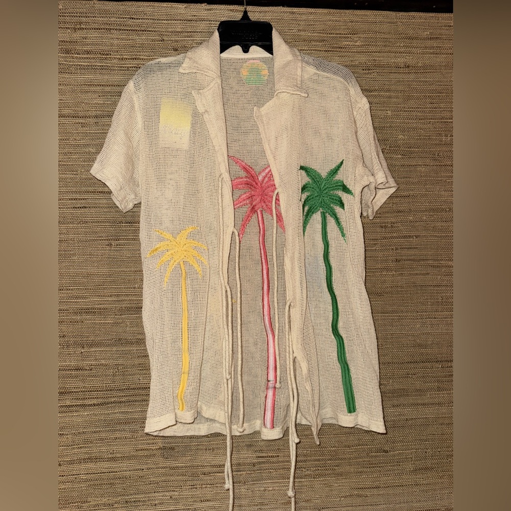 Maaji Cream Sheer knit crochet Palm Embroidered Cover-Up collared top one size - Picture 3 of 5